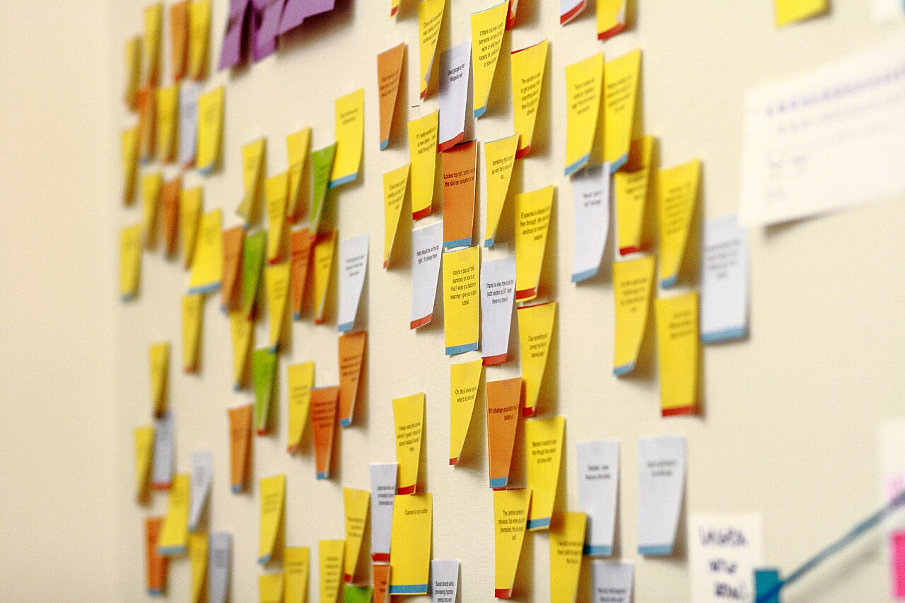 Office wall covered with grouped yellow, orange, green and white sticky notes